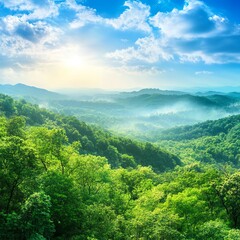 Obraz premium Serene African landscape. Lush jungle, tranquil lake, diverse wildlife including elephants, zebras, birds, and a waterfall under a vibrant sky.