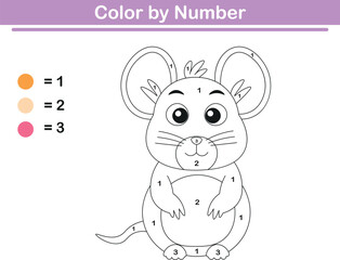Color by numbers. Coloring page for kids. Coloring with cute mouse. Vector illustration