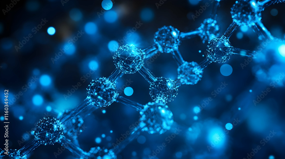 Poster abstract representation of molecular structures in a blue, glowing environment.