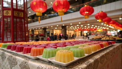 Colorful Chinese jelly desserts arranged on trays with festive lanterns in background