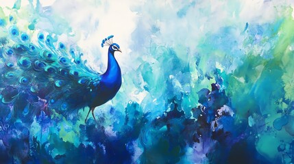Stunning peacock painting in vibrant blues and greens. Abstract watercolor style depicts a majestic bird in a lush, dreamy landscape. Perfect for home decor or print.