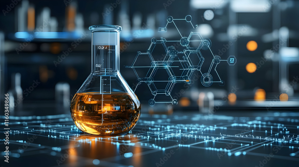Poster a laboratory scene featuring a flask with liquid and molecular structures, emphasizing scientific ex