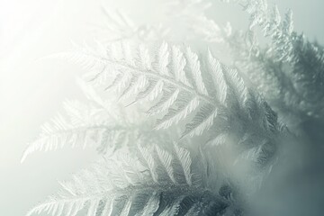 Intricate frost patterns resembling delicate fern leaves adorn a windowpane, creating a beautiful winter scene.