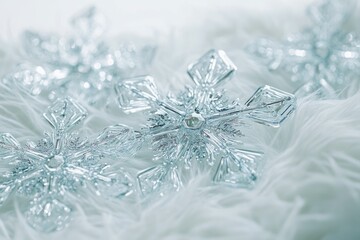 Sparkling silver snowflakes rest on a soft white fluffy surface, a winter wonderland scene.