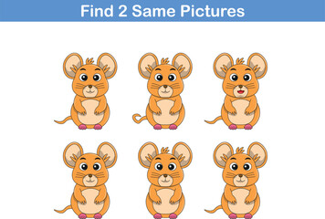 Funny cartoon mouse. Find two same pictures. Educational game for children. Cartoon vector illustration
