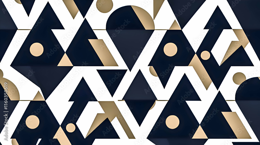 Poster an abstract seamless geometric pattern featuring triangles circles and hexagons in a balanced color 