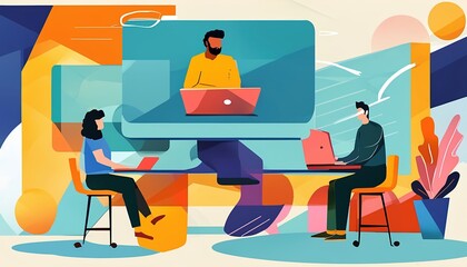 Fototapeta premium A vibrant illustration of remote collaboration, featuring two individuals communicating through a computer screen, showcasing modern digital interaction.