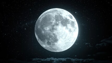 Bright and Glowing Full Moon Illuminating a Starry Night Sky with Clouds in the Foreground