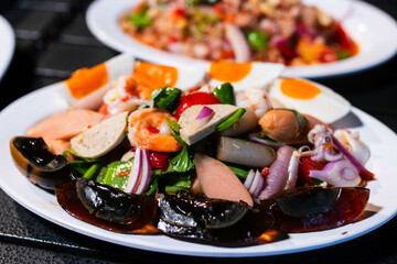 Papaya salad with preserved egg, salted egg, sausage, pork roll, salmon,  thai food, recommended thai food