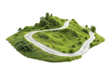 Winding road on a green hilltop, isolated on white.