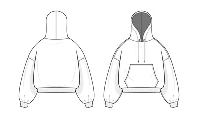 Hoodie technical fashion illustration. hoodie vector template illustration. Front and back view. Oversized sleeve. Drop shoulder. Unisex. White color. CAD mockup.