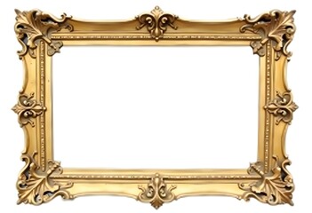 An antique carved gilded frame is isolated on a white background. Vintage golden rectangle frame for photo.