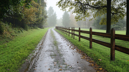 Camino rural con cercado de madera, rodeado de &aacute;rboles y vegetaci&oacute;n, en un d&iacute;a nublado con niebla