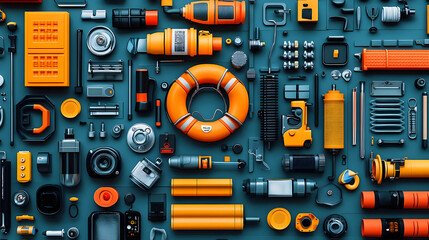 A vibrant arrangement of various tools and equipment, showcasing safety and utility items.