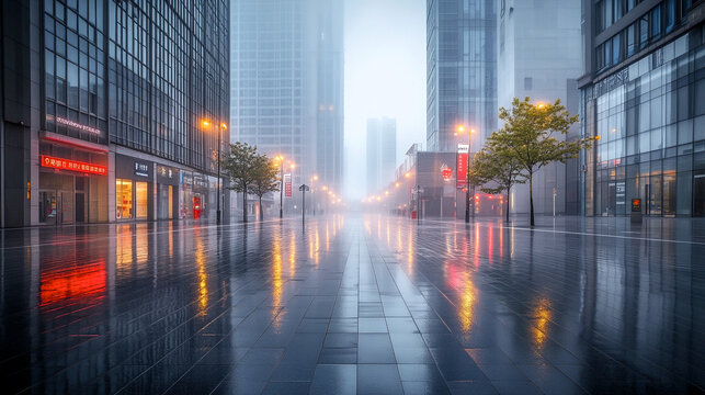 Calle urbana vac&iacute;a con reflejos de luces en el pavimento mojado, rodeada de edificios modernos y niebla