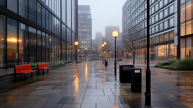 Edificios de oficinas envueltos en niebla durante el amanecer.