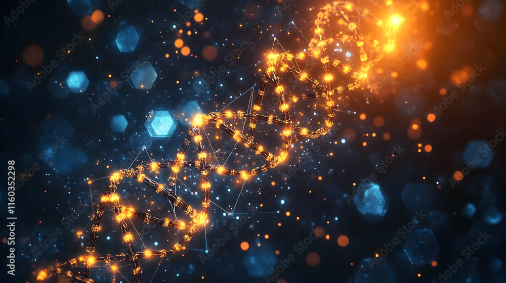 Poster abstract representation of a dna strand with glowing particles and a cosmic background.