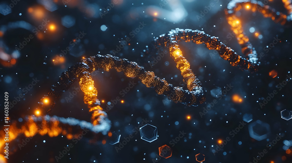 Poster abstract representation of dna strands with glowing elements, highlighting genetic structure.