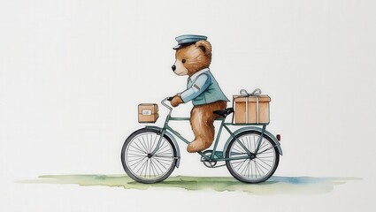Obraz premium Adventurous bear delivering gifts by bicycle whimsical scene illustrative art cheerful vibe
