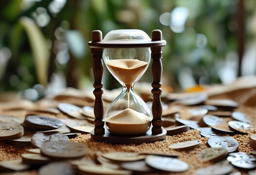 A wooden hourglass sits atop a bed of coins, symbolizing the passage of time and the value of money amidst a natural backdrop.