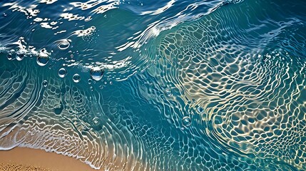 Crystal Blue Water and Bubbles - A clear blue water surface with bubbles and ripples, highlighted by sunlit reflections, perfect for summer and cosmetic product backgrounds.