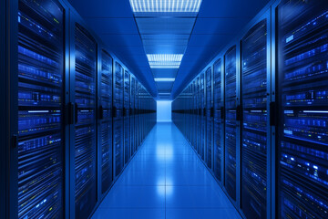 Fototapeta premium A dimly lit server room lined with blue-lit racks of servers, creating a modern, high-tech atmosphere.