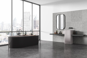 Minimalist bathroom with city view and sleek design. 3D Rendering