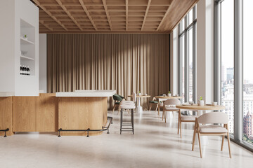 Modern cafe interior with wooden accents and large windows overlooking a cityscape. 3D Rendering