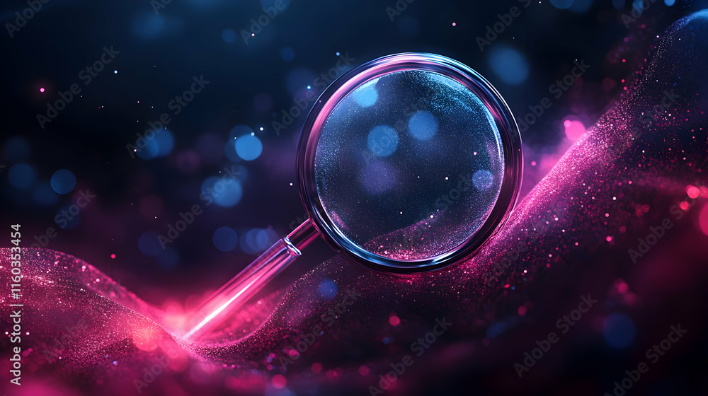 Poster a magnifying glass over a colorful, abstract background with glowing particles.