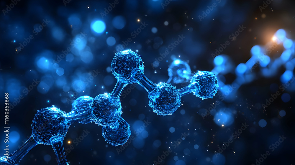 Poster abstract representation of molecular structures with a blue and glowing background.