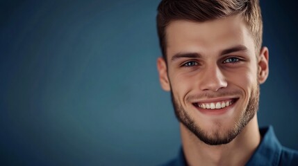 Obraz premium Close-up Photo: Handsome Man Smiling Confidently Against a Deep Blue Background. AI Generated