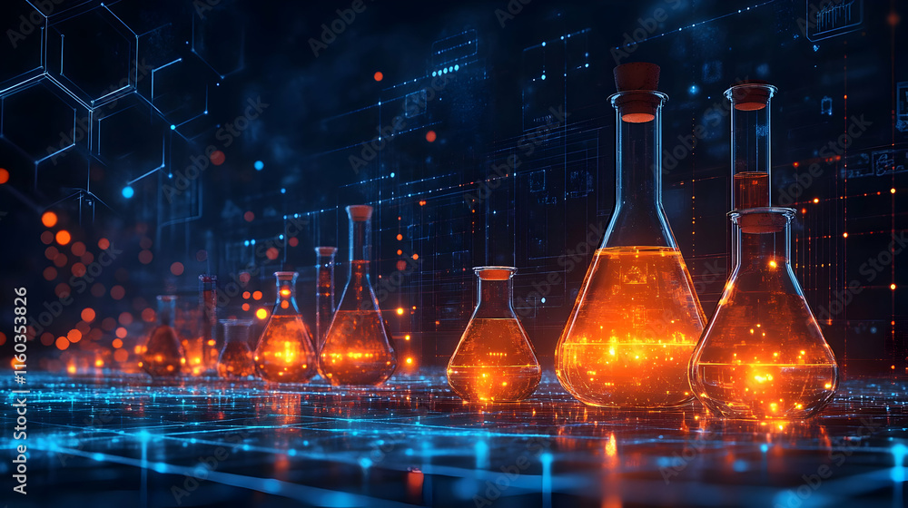 Poster a futuristic laboratory scene with glowing flasks and digital elements.