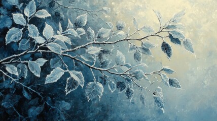 Frosty Branch With Blue Leaves Winter Painting