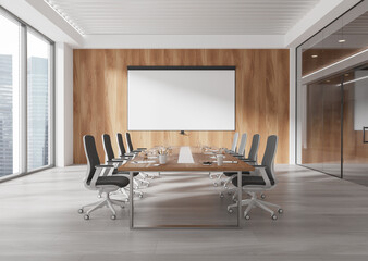 Modern conference room with a long wooden table, stylish chairs, and a large screen on a wooden wall background. 3D Rendering