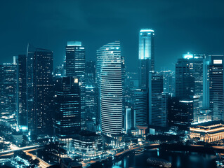 Fototapeta premium A stunning view of a vibrant city skyline at night, showcasing illuminated skyscrapers and a bustling urban atmosphere.