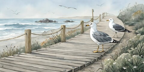 Serene Coastal Boardwalk with Seagulls and Ocean Waves V8