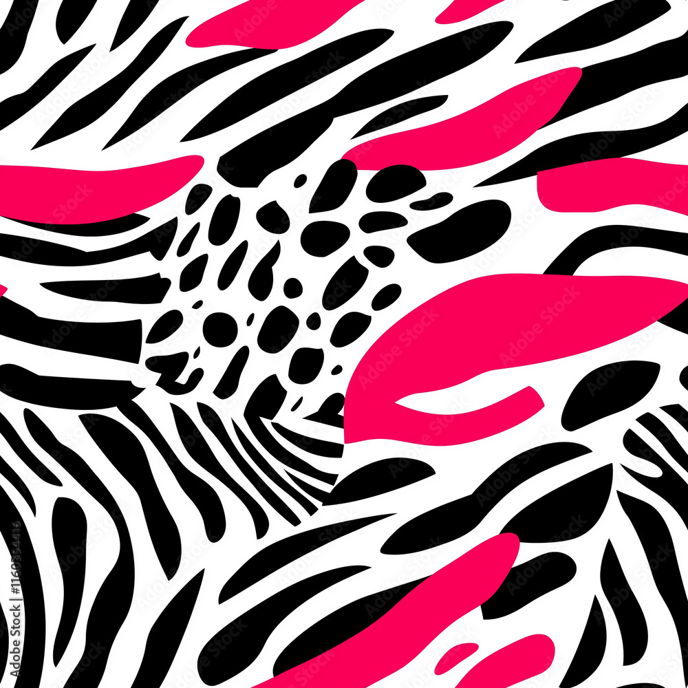 Poster vibrant abstract pattern combining zebra stripes and bold pink elements on a white background.