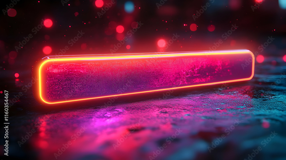 Poster a glowing neon bar on a textured surface, surrounded by colorful bokeh lights.