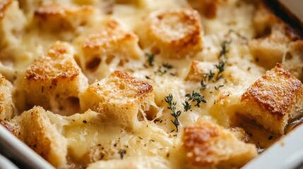Close-up of a traditional French onion soup baked with cheese croutons and topped with fresh thyme.
