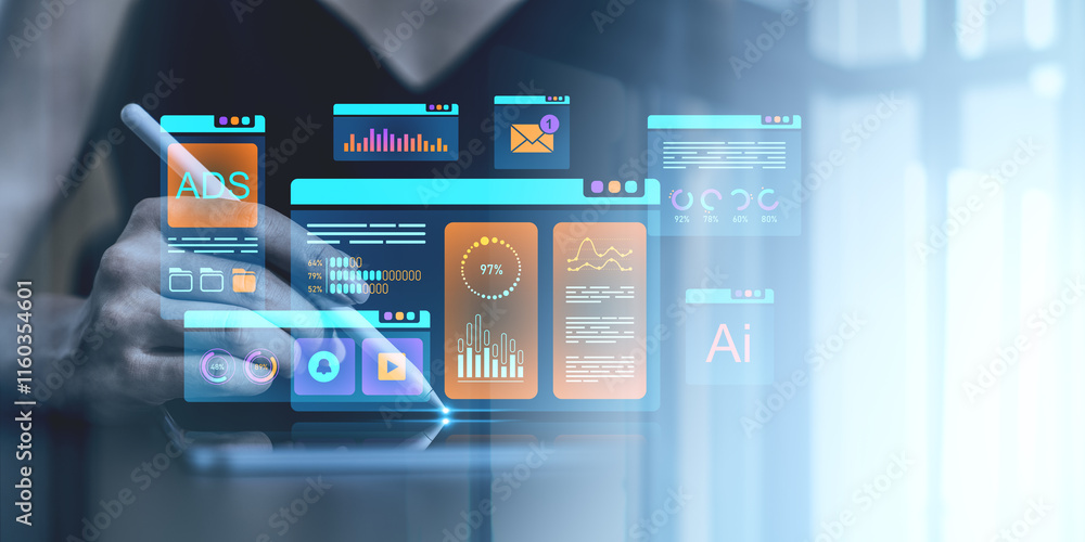 Poster digital analytics interface with data visualizations and dashboard elements on a futuristic transpar
