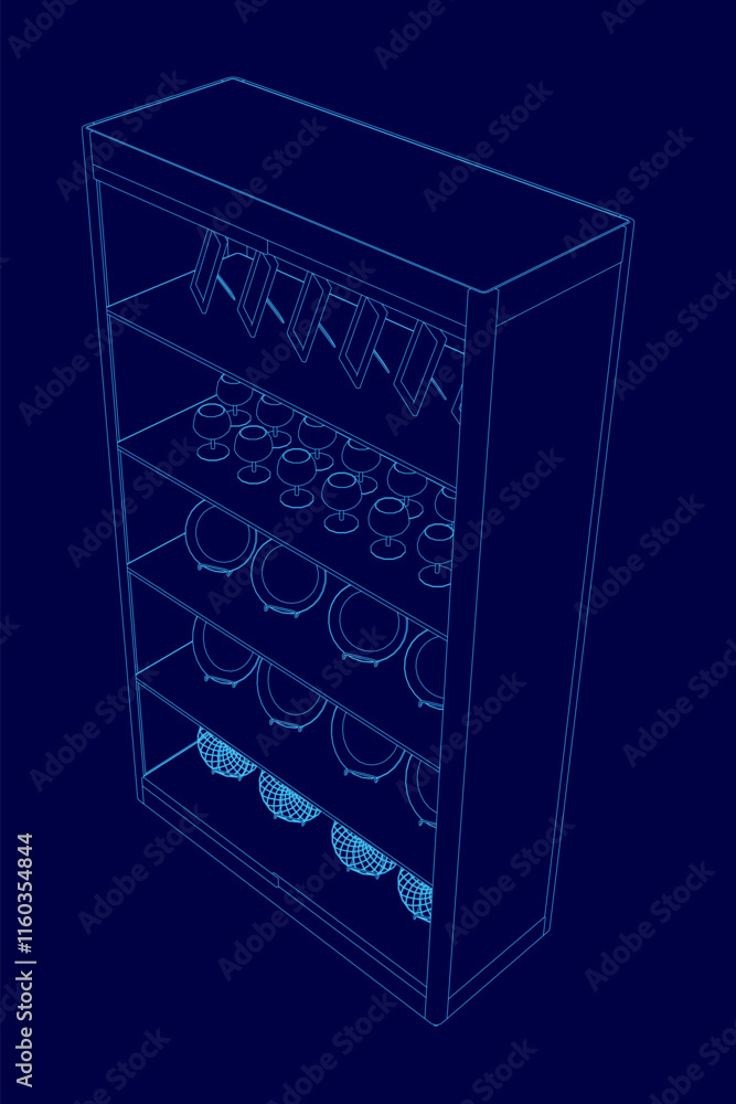 Aufkleber blue 3d image of a wine rack with many wine glasses on it. the wine glasses are arranged in rows and
