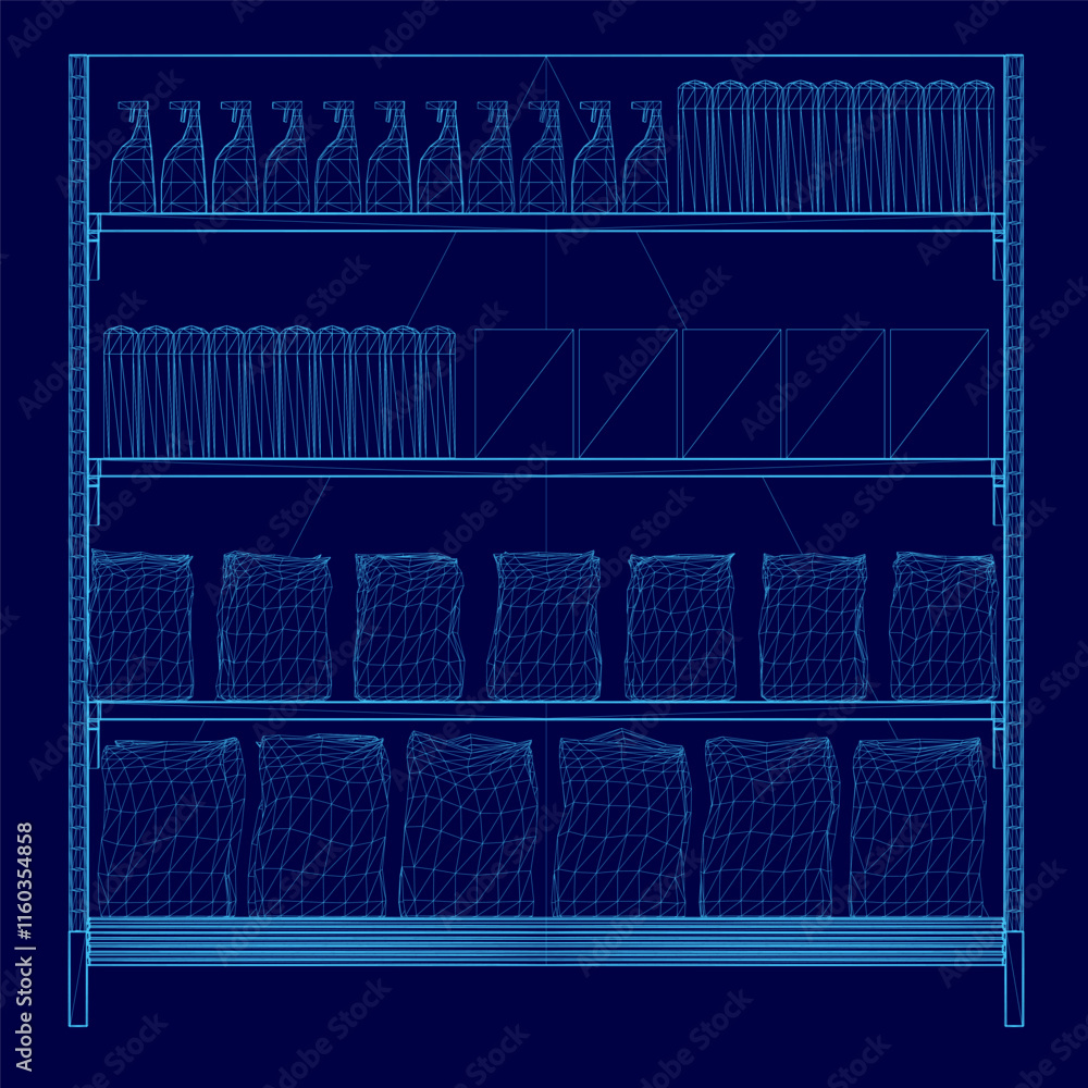 Poster blue drawing of a store shelf with many bottles and bags. the shelf is full of items and the image i