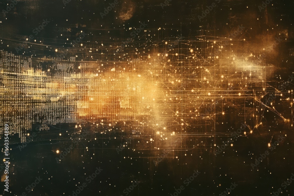 Poster abstract digital data flow, glowing particles and lines in dark space.