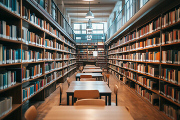 A serene library with rows of bookshelves and wooden tables, inviting readers to explore and study in a quiet environment.