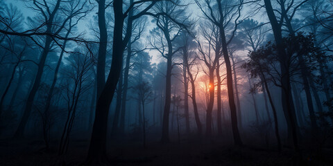 Naklejka premium A peaceful and serene forest at night, with trees casting shadows on the ground. The sun is setting in the distance, creating a warm glow that illuminates the forest. The scene is quiet and calm