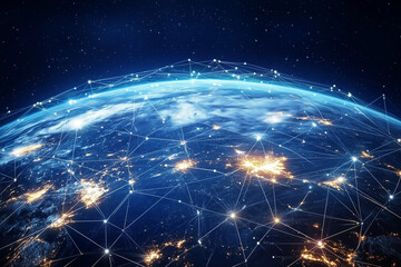 Obraz premium A stunning view of Earth from space, showcasing illuminated areas and a web of connections representing global networks and communication.