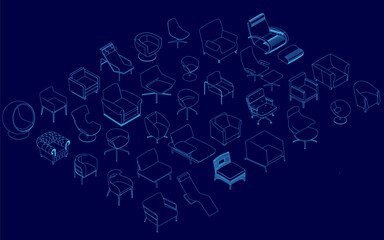 Blue image of many different chairs. The armchairs are all different shapes and sizes, and they are all scattered across the image. Isometric view