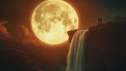 A huge yellow moon is in the sky, with two people standing on top of it and looking at a waterfall below