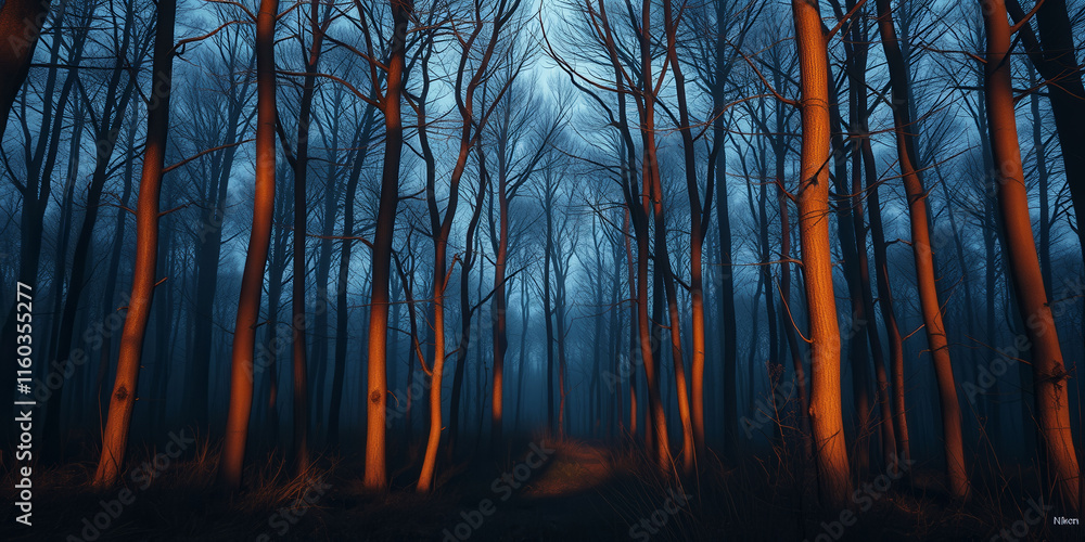 Poster a peaceful and serene forest at night, with trees casting shadows on the ground. the sun is setting 