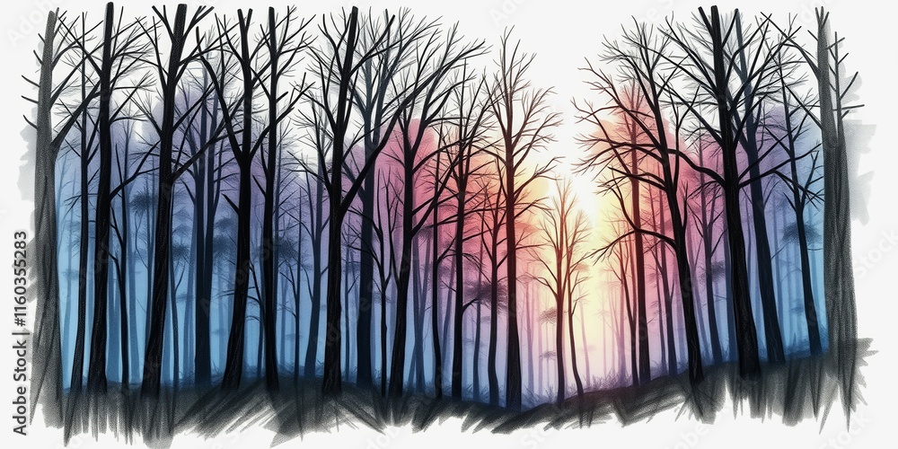Poster a painting of a forest with trees in various shades of blue and purple. the trees are lined up in a 